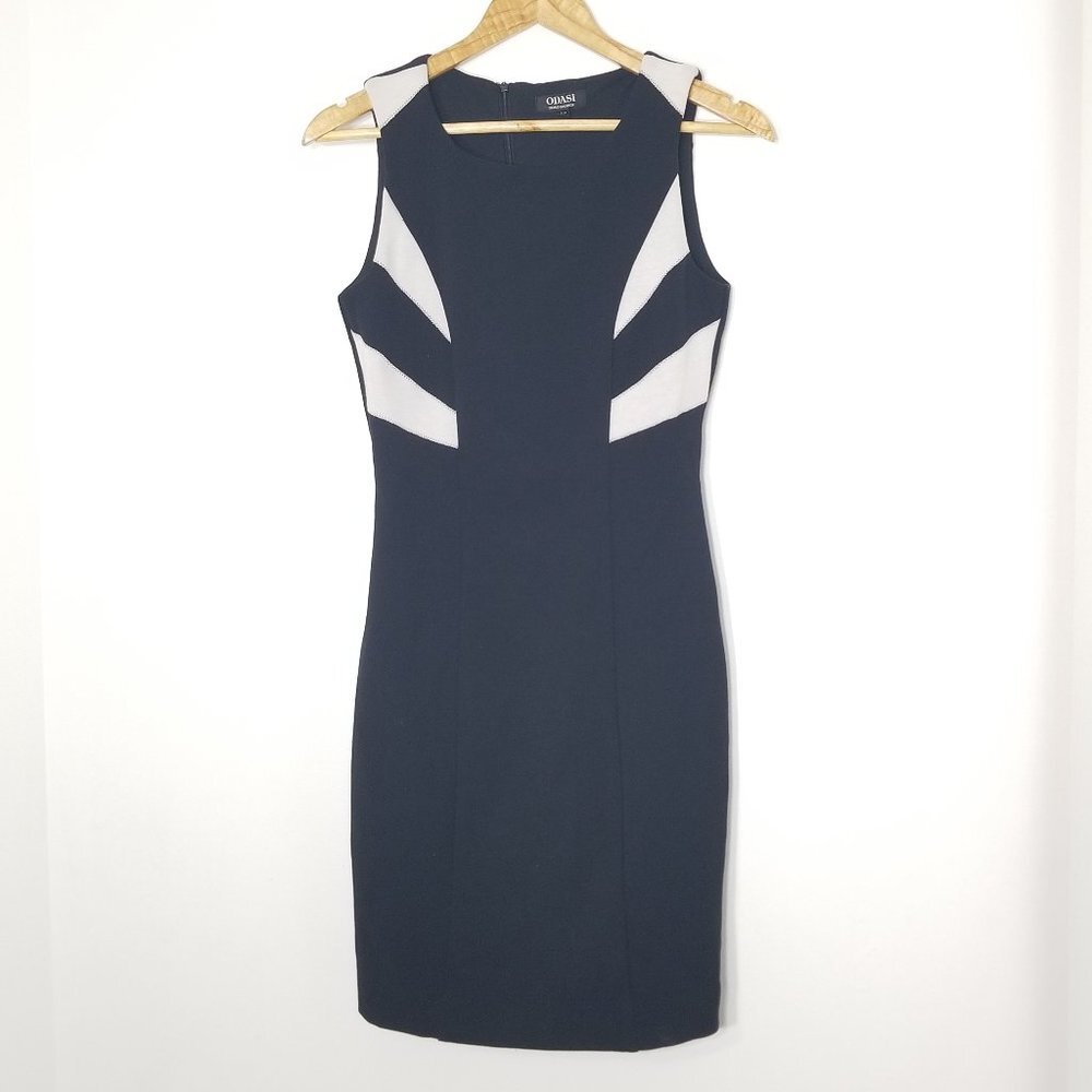 Denis Gagnon Odasi Black White Sheath Dress Lined Midi Sleeveless Stretch Small